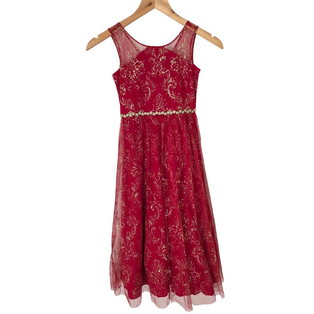 Tween Diva Girls Red Gold Glitter Damask Rhinestone Party Dress 6X H318239